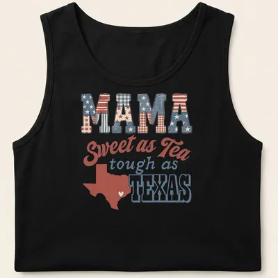 Vintage patriotic Mama Texas t-shirt with heart-shaped Texas outline and text — printed on a tank top