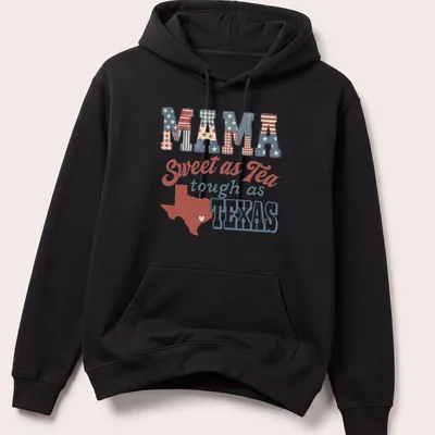 Vintage patriotic Mama Texas t-shirt with heart-shaped Texas outline and text — printed on a unisex hoodie
