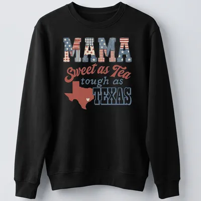 Vintage patriotic Mama Texas t-shirt with heart-shaped Texas outline and text — printed on a unisex sweatshirt