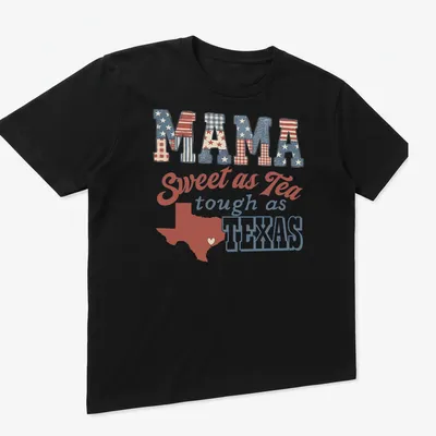 Vintage patriotic Mama Texas t-shirt with heart-shaped Texas outline and text — printed on a unisex t-shirt (angled view)