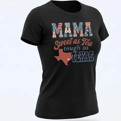 Vintage patriotic Mama Texas t-shirt with heart-shaped Texas outline and text — printed on a women's shirt