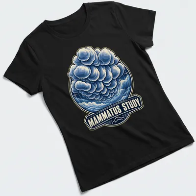 Detailed illustration of mammatus clouds with the text Mammatus Study — printed on a women's shirt