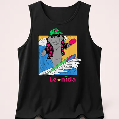 Cartoon manatee surfing with the text 'I ❤️ VACATION' in bright colors — printed on a tank top