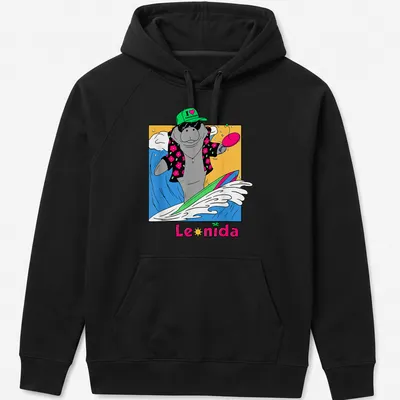Cartoon manatee surfing with the text 'I ❤️ VACATION' in bright colors — printed on a unisex hoodie