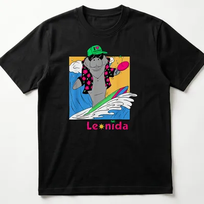 Cartoon manatee surfing with the text 'I ❤️ VACATION' in bright colors