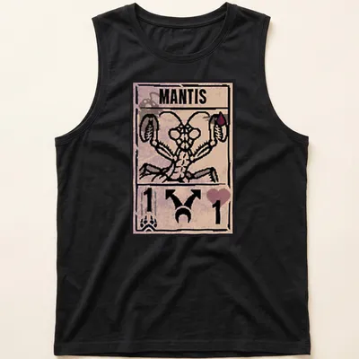 Illustrative design of a mantis with bold text 'MANTIS' in brown and cream — printed on a tank top