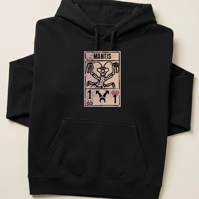 Illustrative design of a mantis with bold text 'MANTIS' in brown and cream — printed on a unisex hoodie