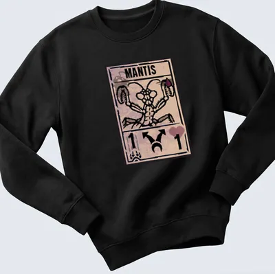 Illustrative design of a mantis with bold text 'MANTIS' in brown and cream — printed on a unisex sweatshirt