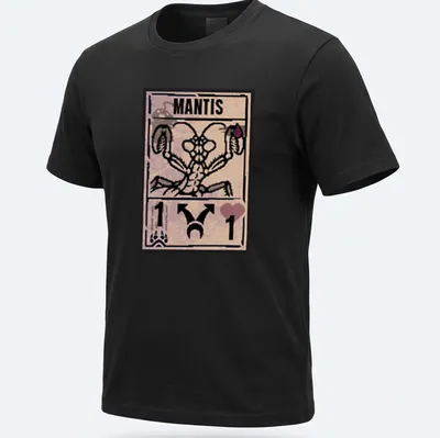 Illustrative design of a mantis with bold text 'MANTIS' in brown and cream