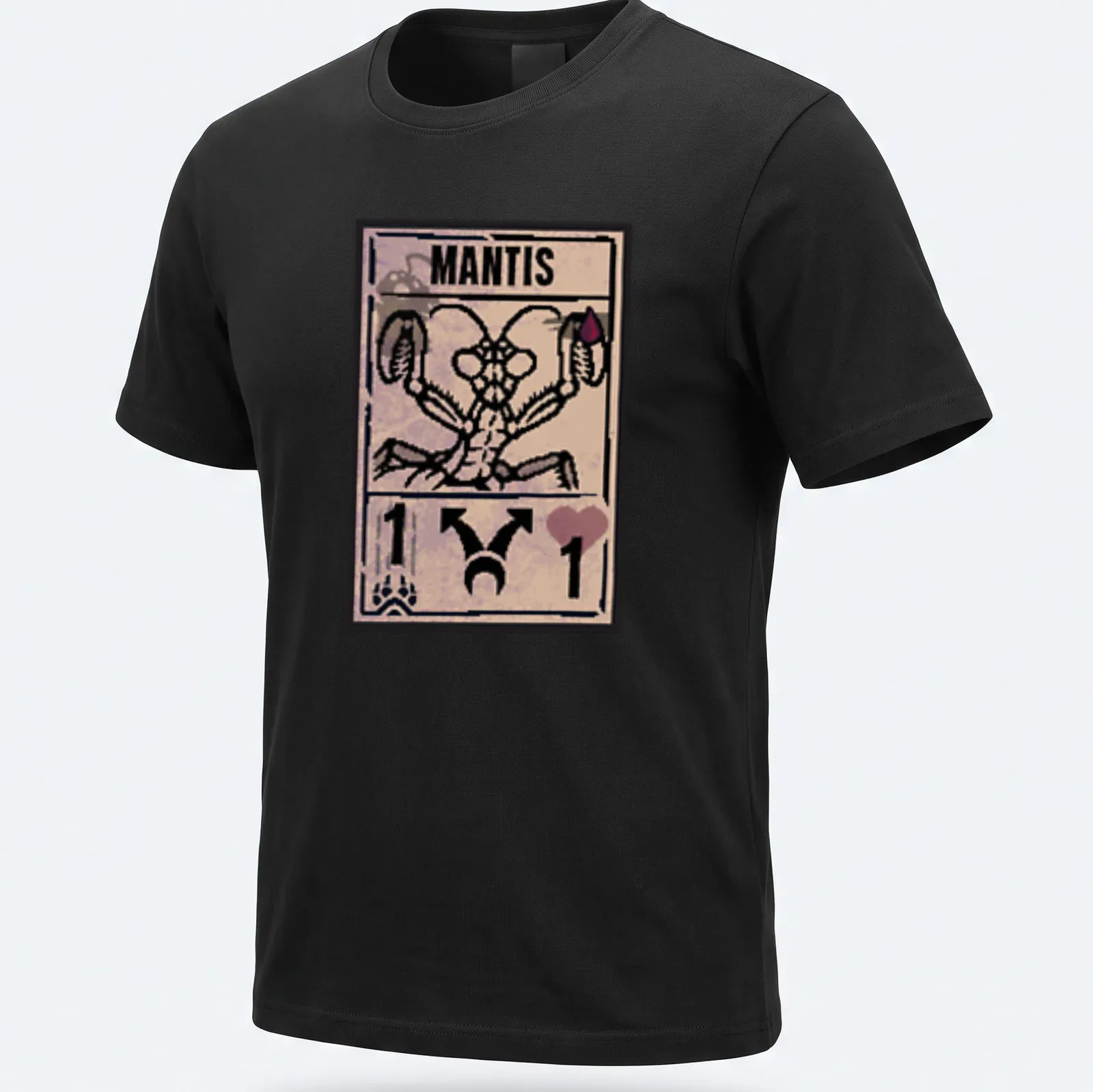 Illustrative design of a mantis with bold text 'MANTIS' in brown and cream — printed on a unisex t-shirt