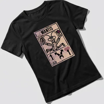 Illustrative design of a mantis with bold text 'MANTIS' in brown and cream — printed on a women's shirt