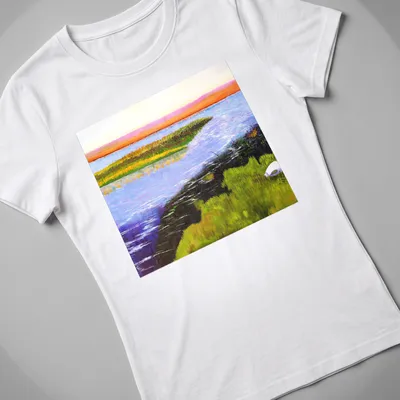 Vibrant impressionistic art of a marsh landscape on a — printed on a women's shirt