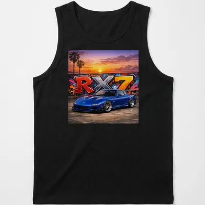 Vibrant street art of a Mazda RX7 car with sunset colors — printed on a tank top