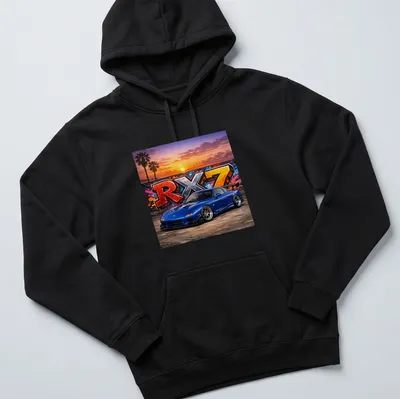 Vibrant street art of a Mazda RX7 car with sunset colors — printed on a unisex hoodie