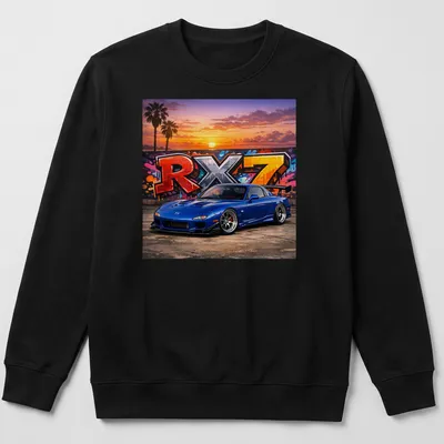 Vibrant street art of a Mazda RX7 car with sunset colors — printed on a unisex sweatshirt