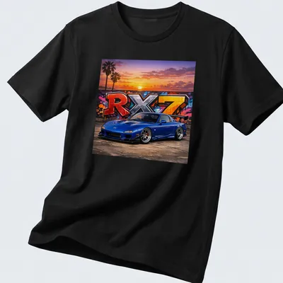 Vibrant street art of a Mazda RX7 car with sunset colors