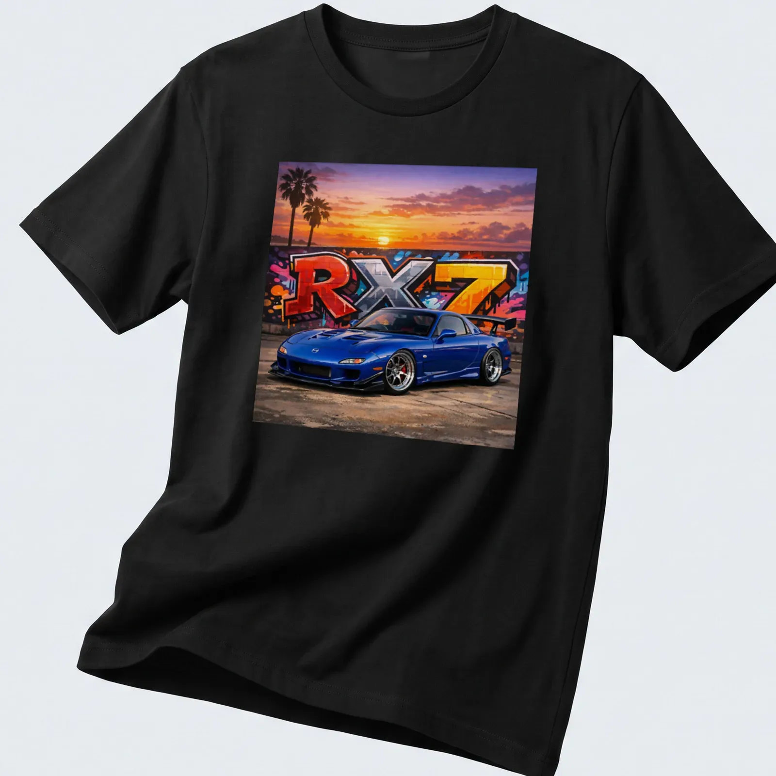 Vibrant street art of a Mazda RX7 car with sunset colors — printed on a unisex t-shirt