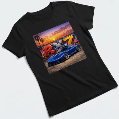 Vibrant street art of a Mazda RX7 car with sunset colors — printed on a women's shirt