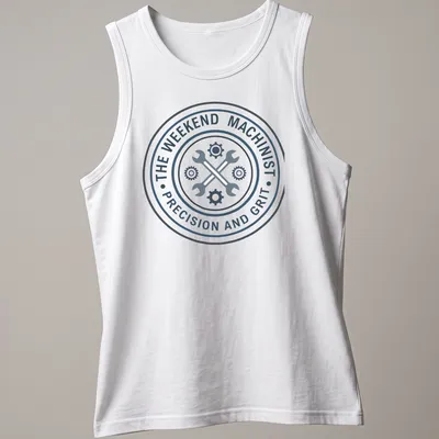 Badge design with wrenches and text for weekend machinists in blue, white, and black — printed on a tank top