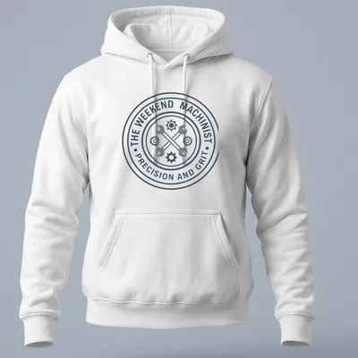 Badge design with wrenches and text for weekend machinists in blue, white, and black — printed on a unisex hoodie