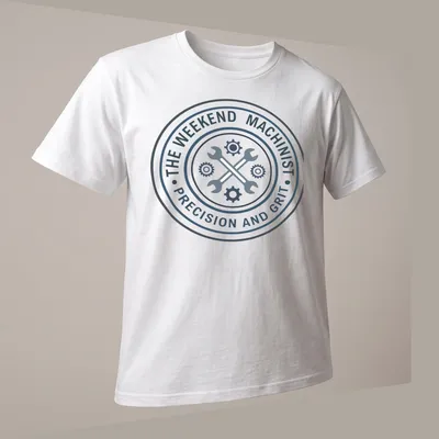 Badge design with wrenches and text for weekend machinists in blue, white, and black — printed on a unisex t-shirt (angled view)
