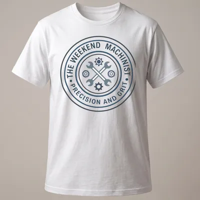 Badge design with wrenches and text for weekend machinists in blue, white, and black