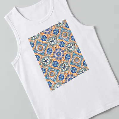 Vibrant geometric ornamental mosaic design in blue and orange — printed on a tank top