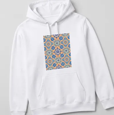 Vibrant geometric ornamental mosaic design in blue and orange — printed on a unisex hoodie