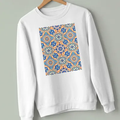 Vibrant geometric ornamental mosaic design in blue and orange — printed on a unisex sweatshirt