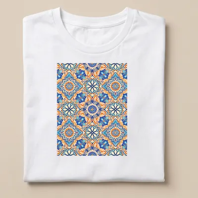 Vibrant geometric ornamental mosaic design in blue and orange