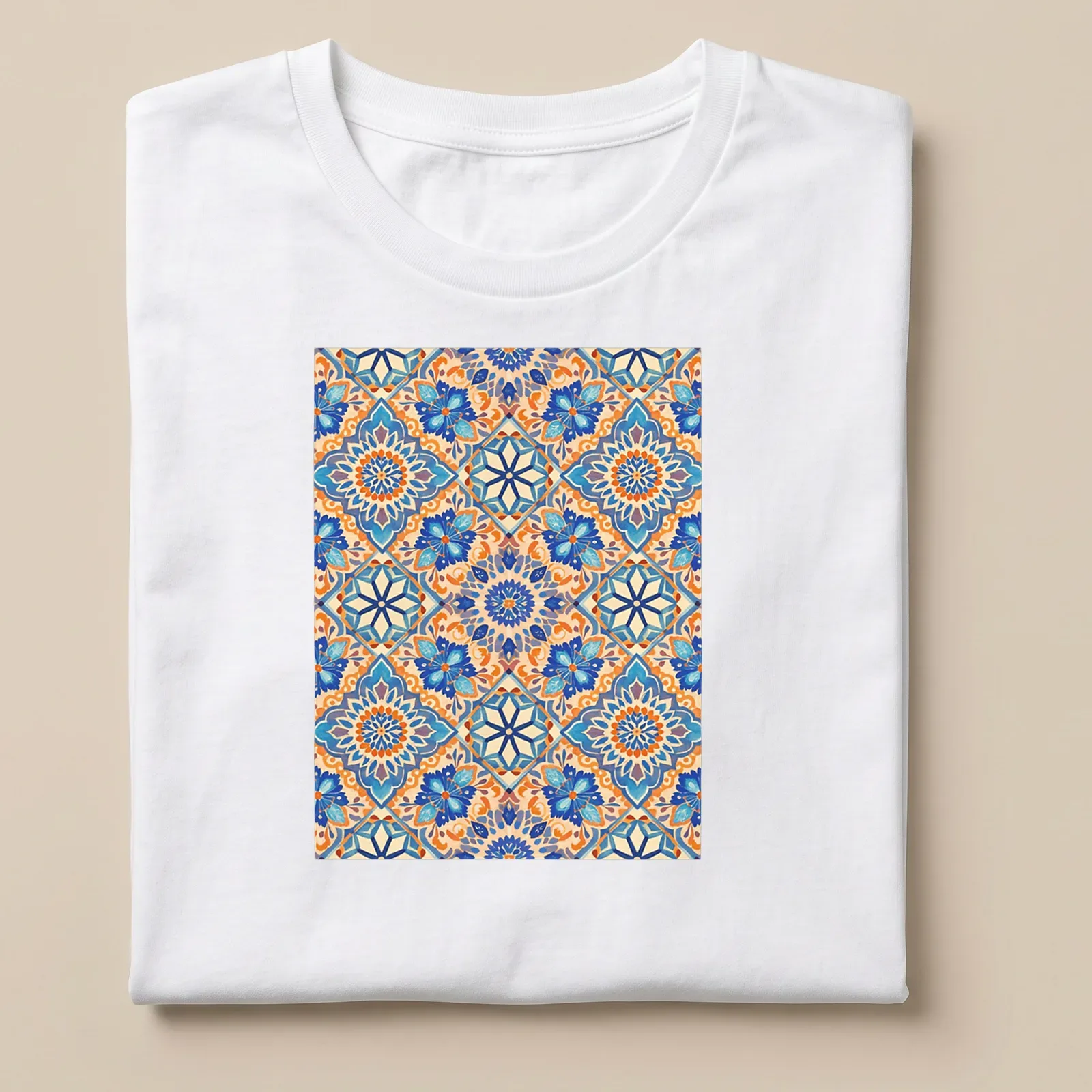 Vibrant geometric ornamental mosaic design in blue and orange — printed on a unisex t-shirt