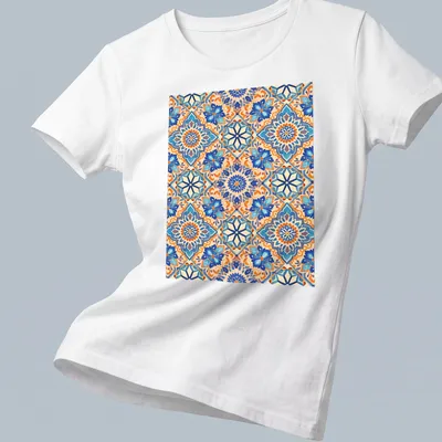 Vibrant geometric ornamental mosaic design in blue and orange — printed on a women's shirt