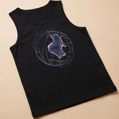 Minimalist T-shirt with abstract globe silhouette and melancholy lyrics — printed on a tank top