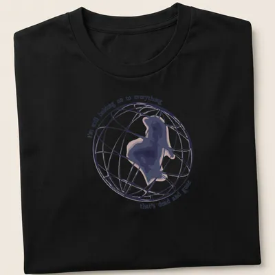 Minimalist T-shirt with abstract globe silhouette and melancholy lyrics