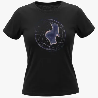Minimalist T-shirt with abstract globe silhouette and melancholy lyrics — printed on a women's shirt