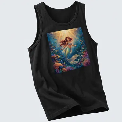 Vibrant mermaid underwater scene with colorful coral and ocean hues — printed on a tank top
