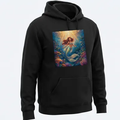 Vibrant mermaid underwater scene with colorful coral and ocean hues — printed on a unisex hoodie