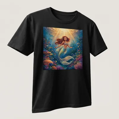 Vibrant mermaid underwater scene with colorful coral and ocean hues — printed on a unisex t-shirt (angled view)