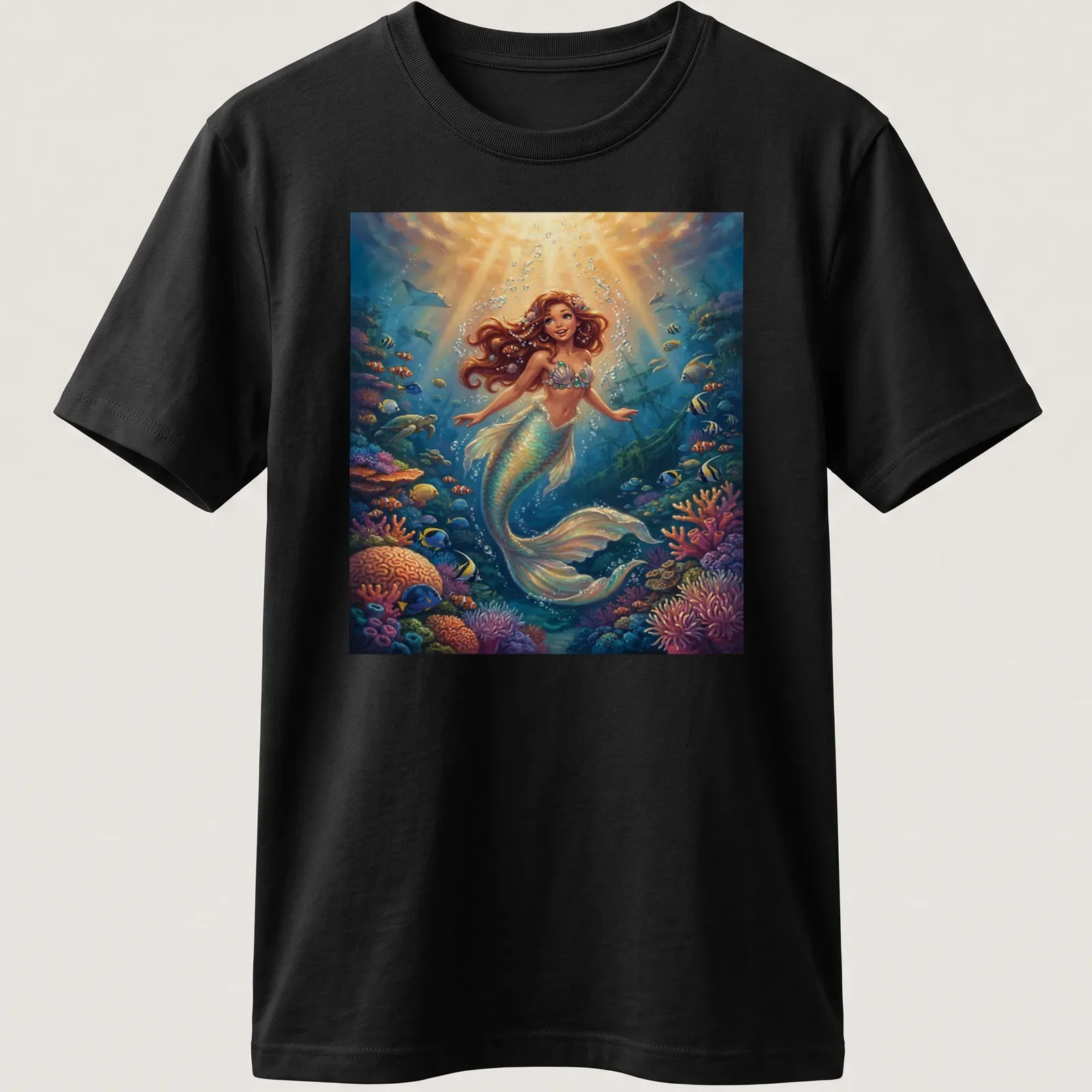 Vibrant mermaid underwater scene with colorful coral and ocean hues — printed on a unisex t-shirt