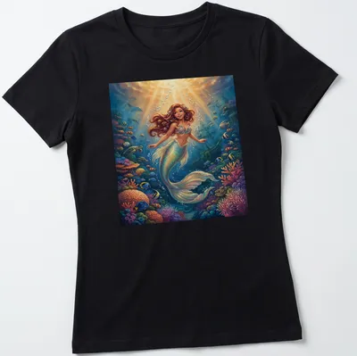 Vibrant mermaid underwater scene with colorful coral and ocean hues — printed on a women's shirt