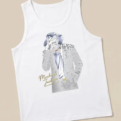 Glamorous Michael Jackson t-shirt featuring elegant lettering in gold and blue — printed on a tank top