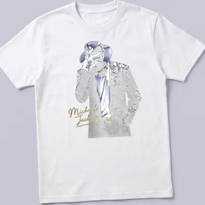 Glamorous Michael Jackson t-shirt featuring elegant lettering in gold and blue