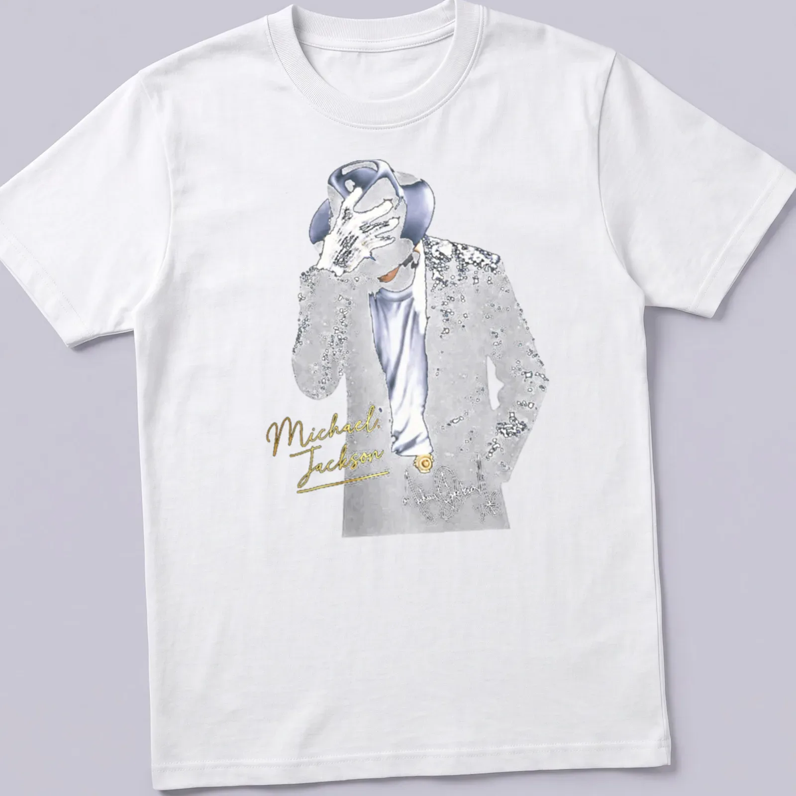 Glamorous Michael Jackson t-shirt featuring elegant lettering in gold and blue — printed on a unisex t-shirt