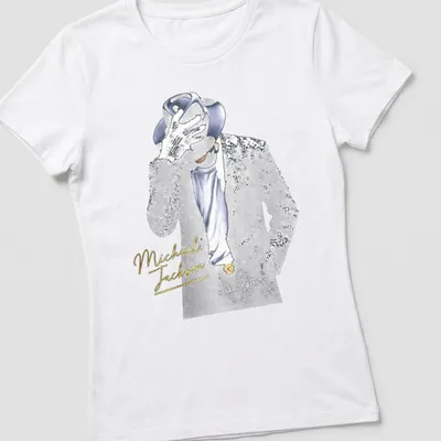 Glamorous Michael Jackson t-shirt featuring elegant lettering in gold and blue — printed on a women's shirt