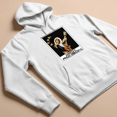 Vintage-style Mick Ronson shirt featuring a rock musician playing guitar — printed on a unisex hoodie