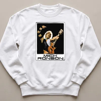 Vintage-style Mick Ronson shirt featuring a rock musician playing guitar — printed on a unisex sweatshirt