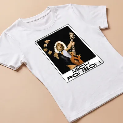 Vintage-style Mick Ronson shirt featuring a rock musician playing guitar — printed on a women's shirt