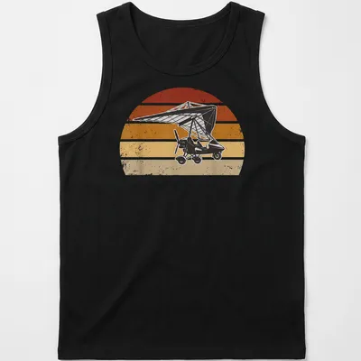Retro distressed microlight aircraft flying against a colorful sunset — printed on a tank top