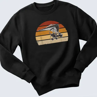 Retro distressed microlight aircraft flying against a colorful sunset — printed on a unisex sweatshirt