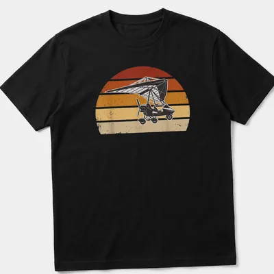 Retro distressed microlight aircraft flying against a colorful sunset